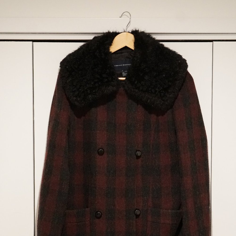 French Connection Double-Breasted Red Plaid Coat with Black Faux Fur Collar
